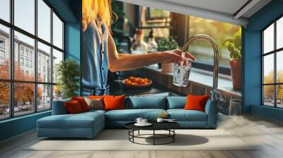 A woman is pouring water from a kitchen faucet into a glass. Wall mural