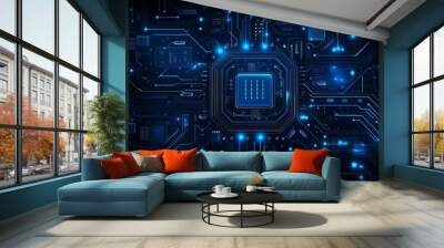 Abstract AI circuit board with blue lines and electronics elements connecting a computer motherboard. The board has a chip, processor, and semiconductor. This is a digital vector illustration. Wall mural