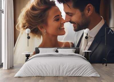 Amazingly happy newlyweds. attractive bride and handsome groom. Wall mural