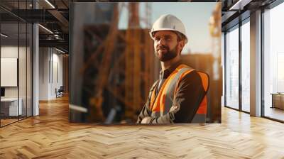 An engineer in a construction uniform on the background of a construction site in the city Wall mural