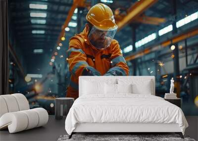 An industrial worker in a factory uses an angle grinder to cut a metal tube. The worker is wearing a hard hat and safety uniform as they manufacture metal structures for a contractor. Wall mural