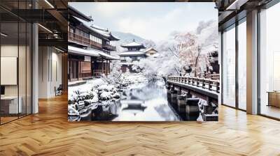 Ancient Ginzan onsen village in winter, travel landmark in Japan Wall mural