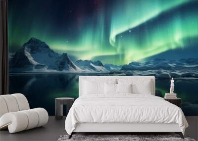 Aurora Borealis above a lake. Starry night sky with aurora borealis. Marvelous Winter Epic Magical Scene with snow-covered mountains. Wall mural