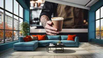 Barista serving coffee in takeaway cup in coffee shop Generative AI Wall mural