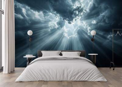 Beams of light radiating in the darkness Wall mural