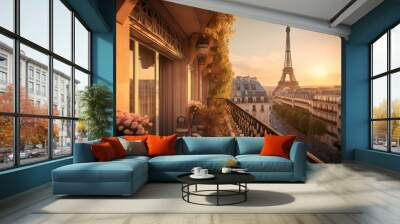 beautiful paris balcony at sunset with eiffel tower view Generative AI Wall mural