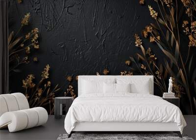 Black and gold plants from above on a black background. Minimalist trend for 2020. Wall mural