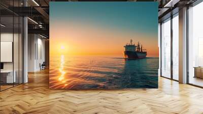 Cargo ship sails across the ocean at sunset against a clear blue sky. The vessel carries goods for international shipping and logistics, facilitating global trade and commerce. Wall mural