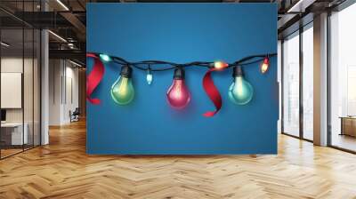 Christmas decorations with bright lights and garlands. Set of Christmas string lights with multicolored bulbs. Realistic 3D holiday decorations. Light bulbs on a red ribbon for the New Year. Wall mural