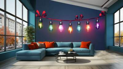 Christmas decorations with bright lights and garlands. Set of Christmas string lights with multicolored bulbs. Realistic 3D holiday decorations. Light bulbs on a red ribbon for the New Year. Wall mural