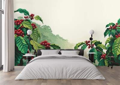 Coffee plants are pictured in this isolated vector illustration. Wall mural