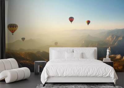 Colorful hot air balloons flying over mountain Generative AI Wall mural