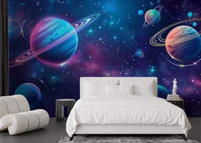 Colorful planets with rings shining in a dark blue space, perfect for space and astronomy themes. Wall mural