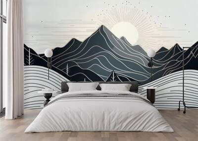 creative minimalist modern line art print. Abstract mountain contemporary aesthetic background landscape. with mountain, forest, sea, skyline, wave. illustration Generative AI Wall mural