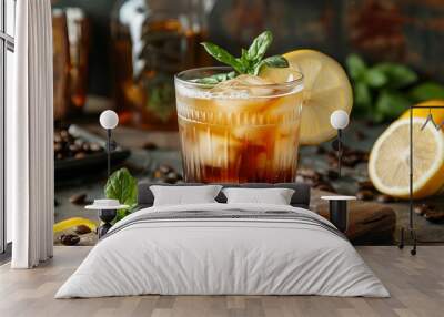 Enjoy a handcrafted coffee cocktail made with rum and cream at home. It's served chilled with ice and garnished with lemon and mint. Wall mural