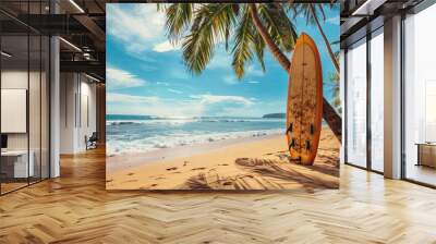 Enjoy surfing and relaxation on a tropical beach with palm trees and a dedicated surfing area. Perfect for summer vacations and water sports enthusiasts. Wall mural