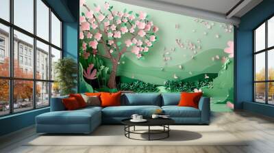 Exquisite paper art showcasing a graceful cherry blossom tree amidst a verdant spring forest. The blank space provides ample room for your text, inviting you to create a stunning spring design. Wall mural