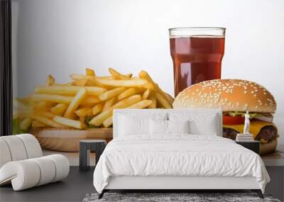 Hamburger fries and a coke soda pop cheeseburger combination deluxe fast food on white Generative AI Wall mural