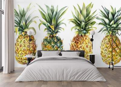 Hand-painted watercolor of a set of pineapples with green leaves separated on a white backdrop. Wall mural