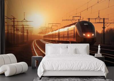 High speed train silhouette in motion at sunset. Fast moving modern passenger train on railway platform Generative AI Wall mural