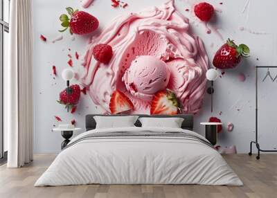 Indulge in the sweet delight of strawberry ice cream, where creamy goodness meets vibrant berry notes, all against a crisp white canvas. Wall mural