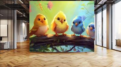 little funny birds and Chicks sitting on a branch in summer garden Generative AI Wall mural