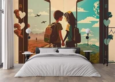 long distance relationship concept,even though they're in different places, online channels make the Wall mural