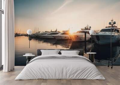 Luxury yachts docked in sea port at sunset. Marine parking of modern motor boats and blue water Generative AI Wall mural