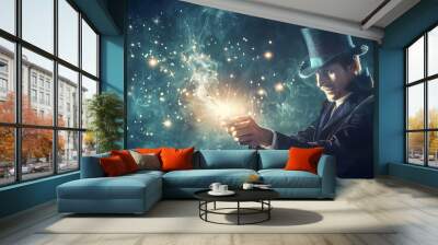 Magician with a top hat performs a trick with a magic wand and glowing light. The magic show features a magician or wizard in a top hat and a shining magic wand. Wall mural