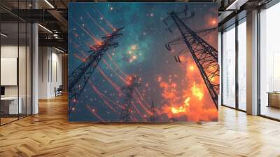 Massive towers with bright orange wires carry electricity across a night sky filled with stars. Wall mural