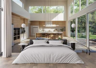 Modern kitchen and living room with big windows, stylish furniture, and new appliances. Wall mural