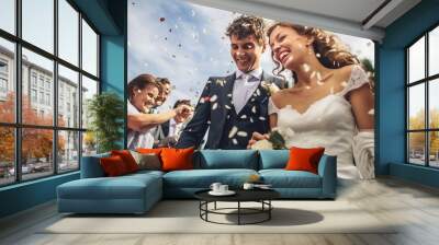 Photographs of the bride and groom enjoying their wedding ceremony. Rice and grain are traditionally sprinkled at weddings. Wall mural