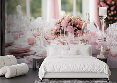 Pink Tables set for an event party or wedding reception. Luxury elegant table setting dinner in a restaurant. glasses and dishes Wall mural