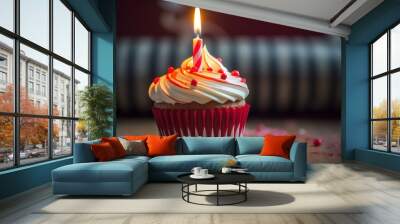 Red striped candle on a birthday cupcake Generative AI Wall mural