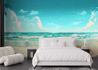 Sandy beach with a surfboard. Cartoon summer beach. Paradise vacation by the ocean. Sea beach landscape. Vector illustration. Wall mural