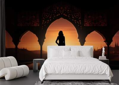 silhouette of a Persian woman wearing traditional clothing against a backdrop of Iranian architecture Wall mural