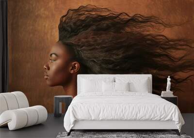 Stunning side profile of a black woman with her hair flowing in the wind. Wall mural