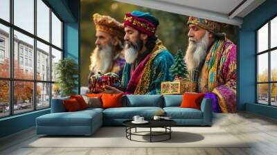 Three wise men dressed in colorful clothes bring gifts to a person. One of them holds a decorated box with a tree figure. Wall mural