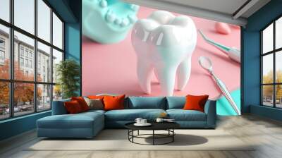 Tooth care poster shows a 3D tooth image with a dental mirror and a shiny protective circle around it. Wall mural