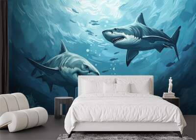 Two great white sharks circle beneath the waves. Wall mural