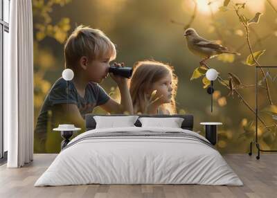 Two kids are having fun in the forest during summer. The boy is using binoculars to watch birds while the girl is drawing them. Wall mural