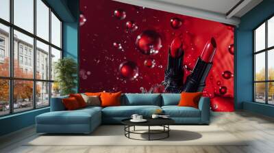 Two vibrant red lipsticks sit amidst a brilliant spray of water droplets on a crimson backdrop, creating a striking and playful scene. Wall mural