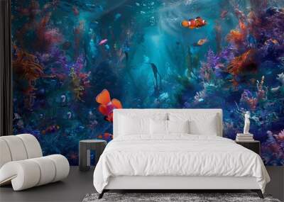 Under the sea, a vibrant world unfolds. Blue algae sway gently beside turquoise coral. Purple sponges contrast the vibrant red and orange fish. An underwater paradise, teeming with life. Wall mural