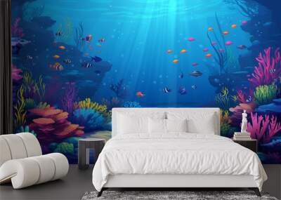 underwater backdrop of a coral reef with vibrant fish and other marine life in a deep blue ocean Wall mural