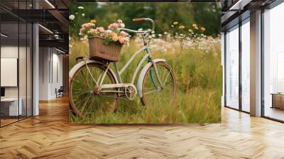 Vintage bicycle with basket full of flowers standing in field Generative AI Wall mural