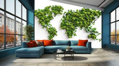 World map covered in trees and water, isolated on a white background. Concept for Earth Day and Environment Day. Wall mural