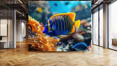 Colorful royal angelfish swimming in coral reef  - Generative AI Wall mural