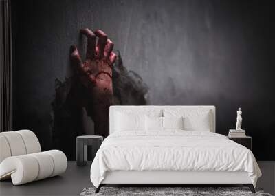 Nightmares of scary fear at the halloween festival. Bloody hands placed on a solid wall, Horror and terror. Wall mural