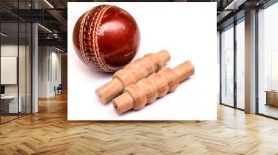 Cricket ball and bails on isolated white background Wall mural