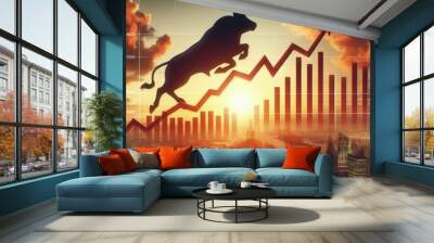 stock market bull jumping high on building sky and money floating background. Financial Concept Wall mural